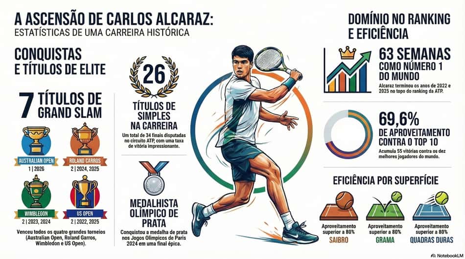 Gráfico mostra os principais feitos da carreira de Carlos Alcaraz (Reprodução)