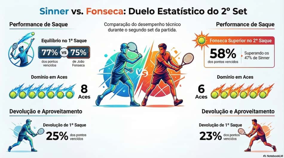 Estatísticas do segundo set entre Sinner e João Fonseca (Reprodução)
