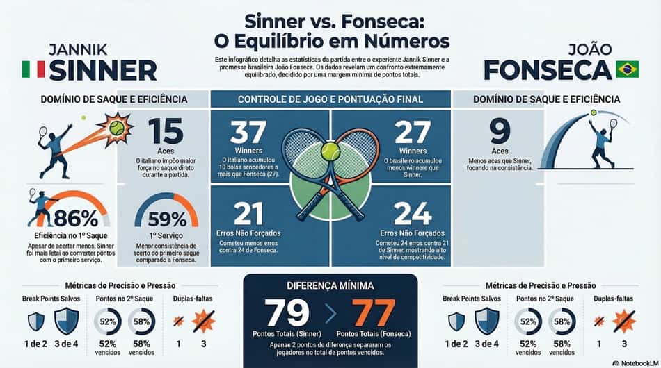 Estatísticas do jogo entre João Fonseca e Jannik Sinner (Reprodução)