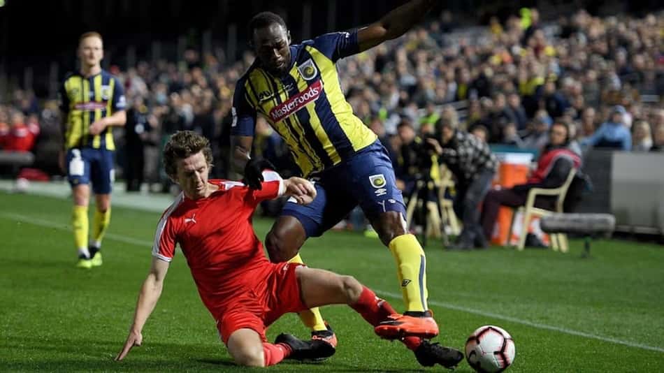 Usain Bolt em ação pelo Central Coast Mariners, da Austrália, em 2018 (Foto: Dan Himbrechts)