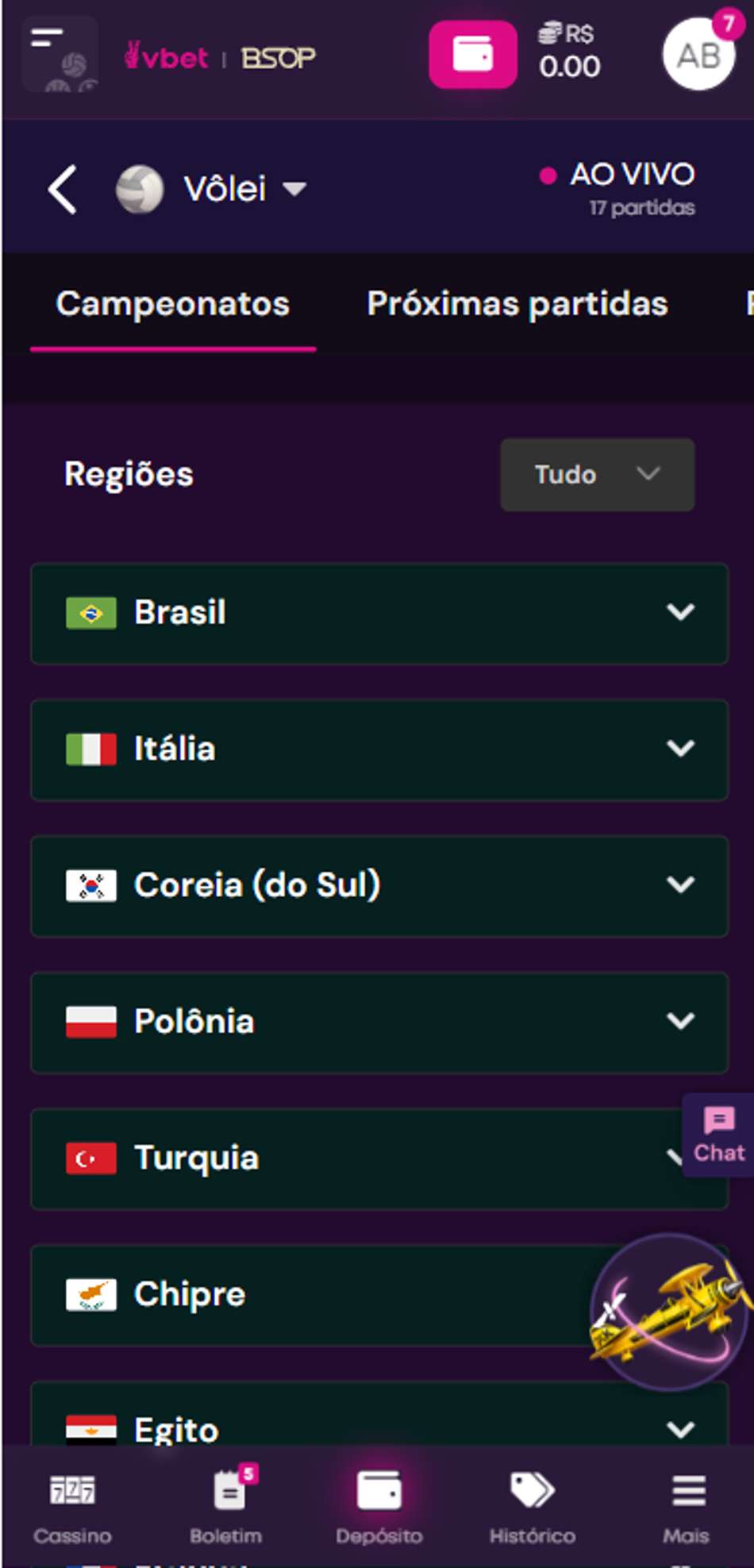 Tela da Vbet mostrando campeonatos de vôlei disponíveis para apostas por região