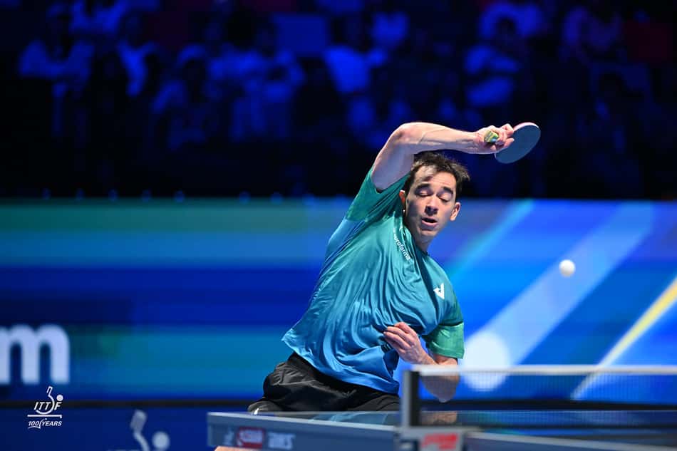 Hugo Calderano em uma das vitórias na Copa do Mundo em Macau (Foto: Divulgação/ITTF)