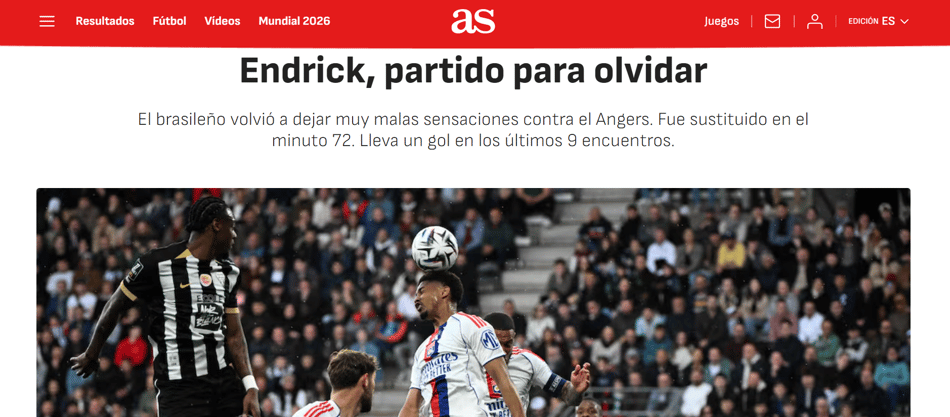 Avaliação do jornal AS sobre atuação de Endrik em Agers x Lyon (Foto: reprodução/ Jornal AS)