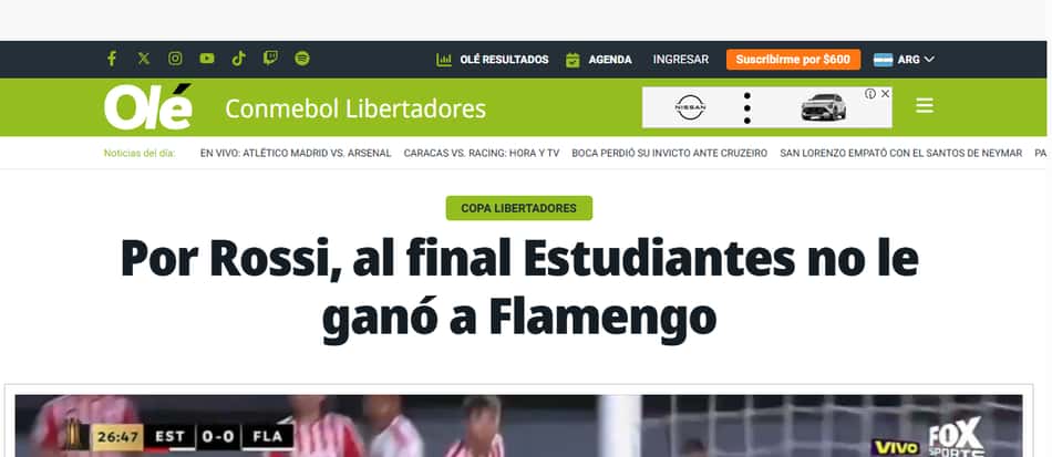 Jornal "Olé" destacou a atuação de Rossi em Estudiantes x Flamengo (Foto: Reprodução)
