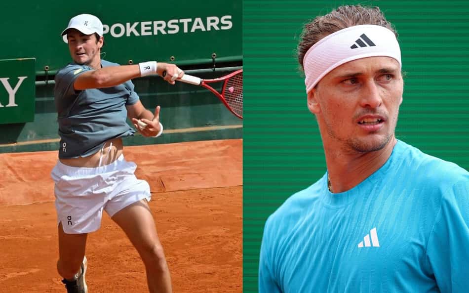 O brasileiro João Fonseca (esquerda) e o alemão Alexander Zverev (direita) se enfrentarão pelas quartas do Masters 1000 de Monte Carlo (Foto 1: Reprodução) (Foto 2 : Valery Hache/AFP)