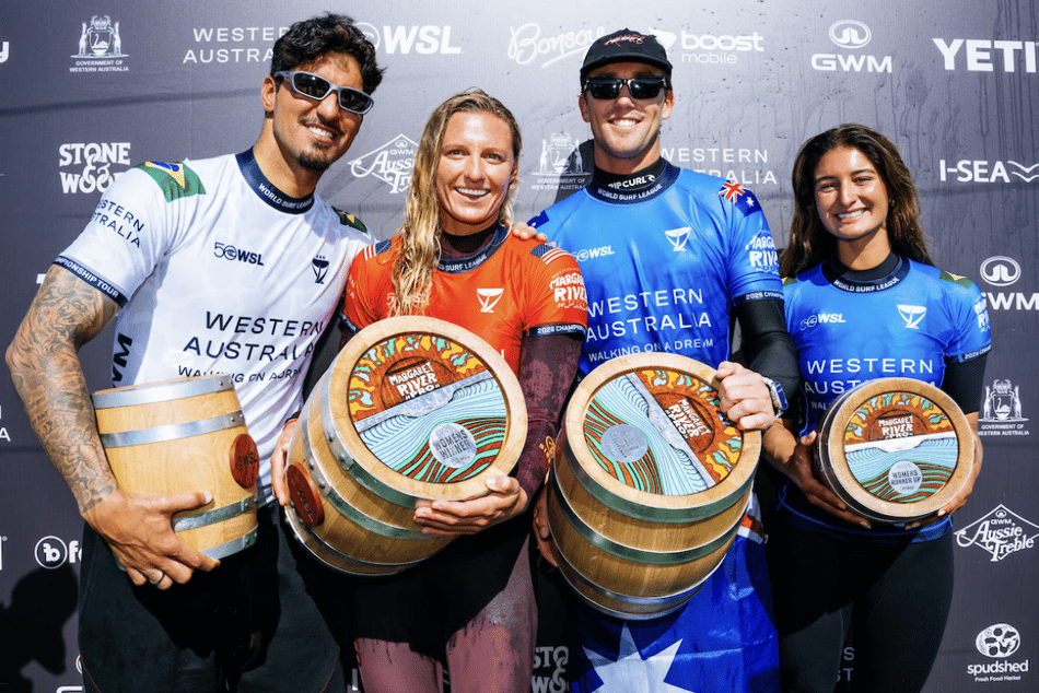Gabriel Medina e Luana Silva, ambos ficaram em segundo lugar na etapa de Margaret River da WSL 2026 (Foto: WSL / Beatriz Ryder)