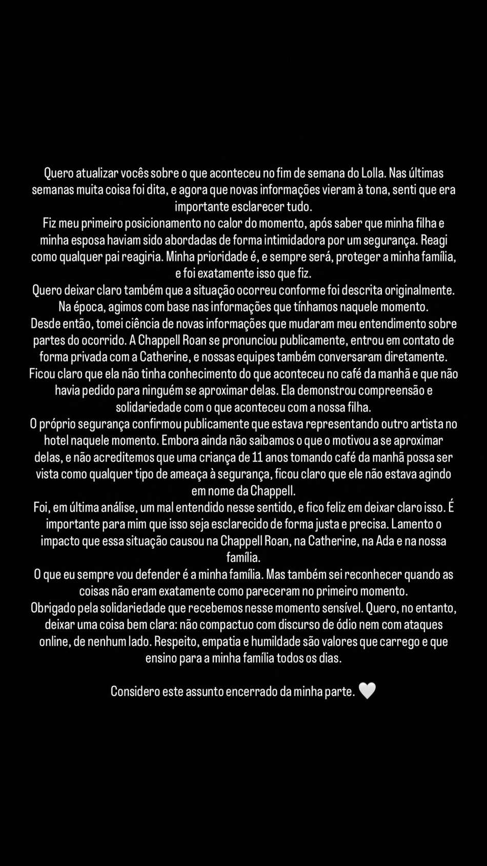 Nota de Jorginho sobre a polêmica envolvendo Chappel Roan. (Foto: Reprodução/jorginhofrello/Instagram) 