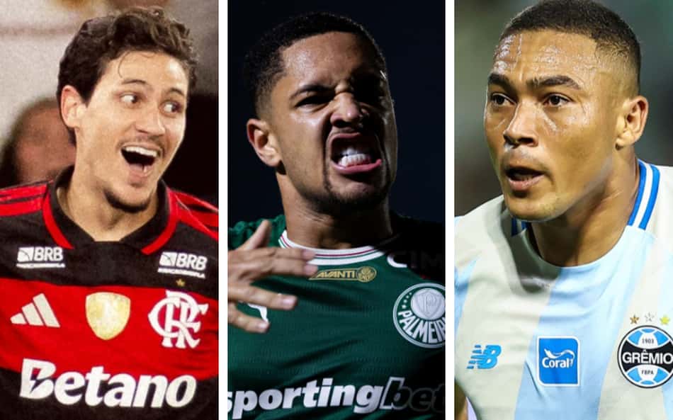Pedro (Flamengo), Vitor Roque (Palmeiras) e Carlos Vinícius (Grêmio) estão entre os melhores centroavantes do futebol brasileiro (Crédito: Arte / Lance!)