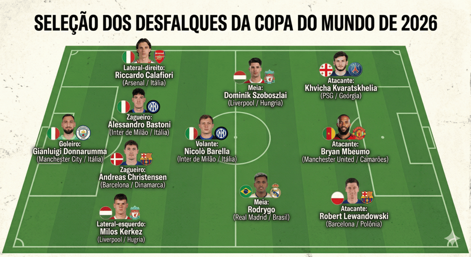 Seleção dos desfalques da Copa do Mundo de 2026 (Arte: IA Gemini / Lance!)