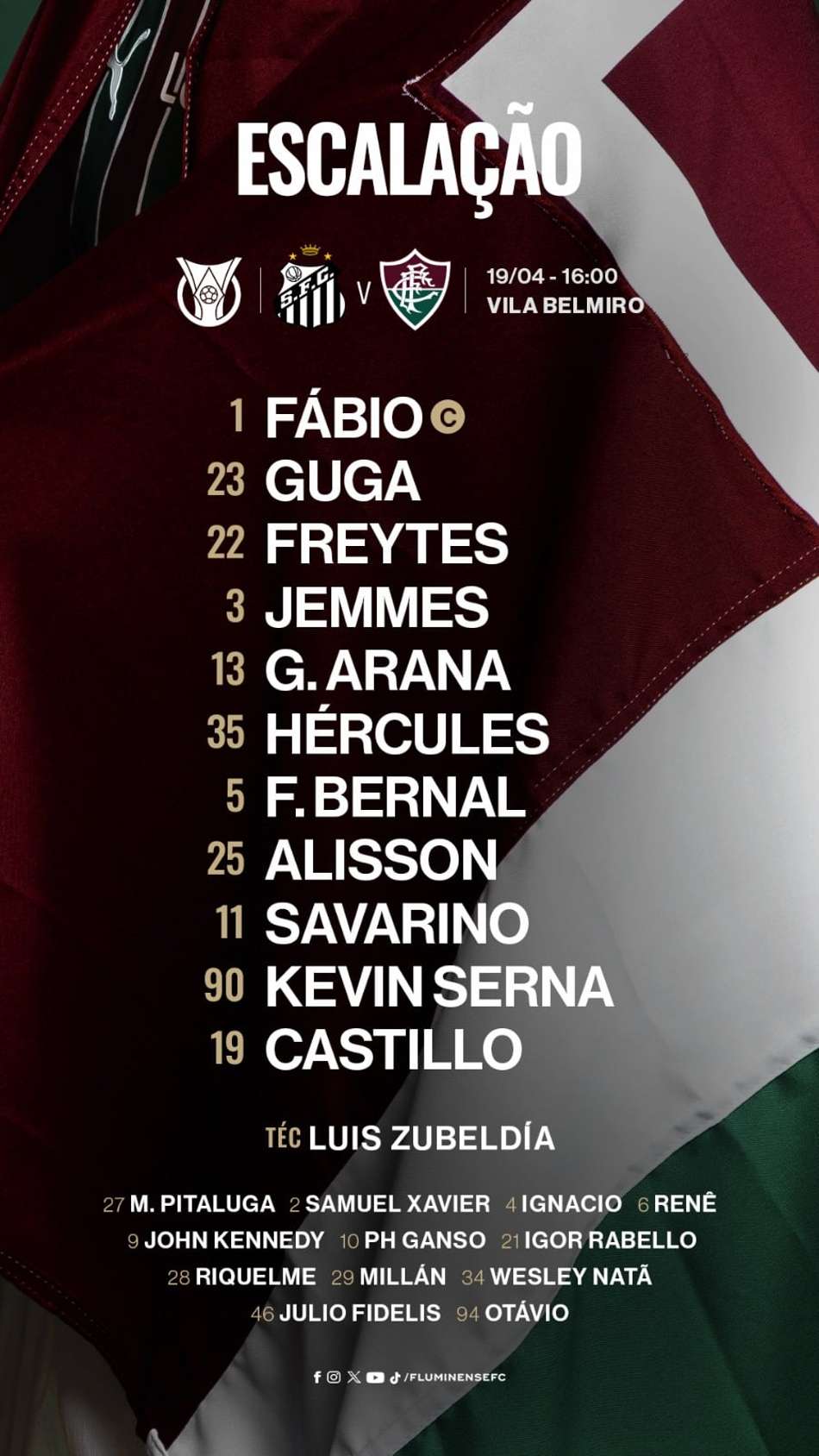 Escalção do Fluminense para a partida contra o Santos pelo Brasileirão (Foto: Divulgação)