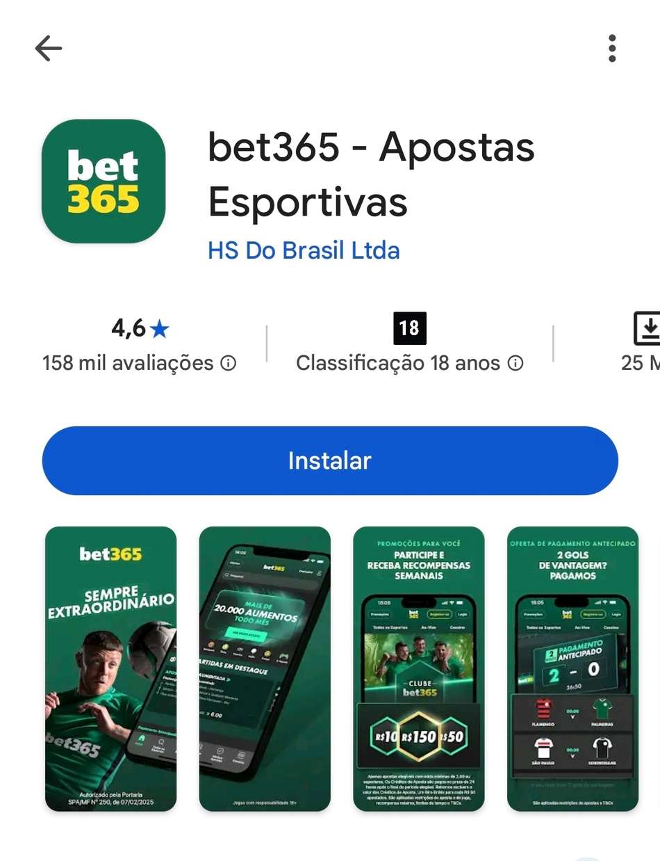 Captura de tela do aplicativo da bet365 na Play Store, disponível para download instantâneo.