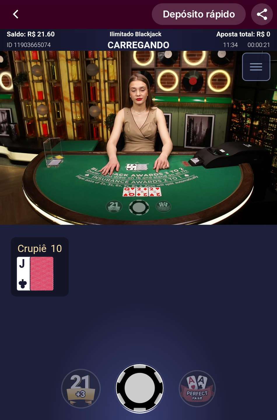 Captura de tela da rodada de blackjack online na Superbet.