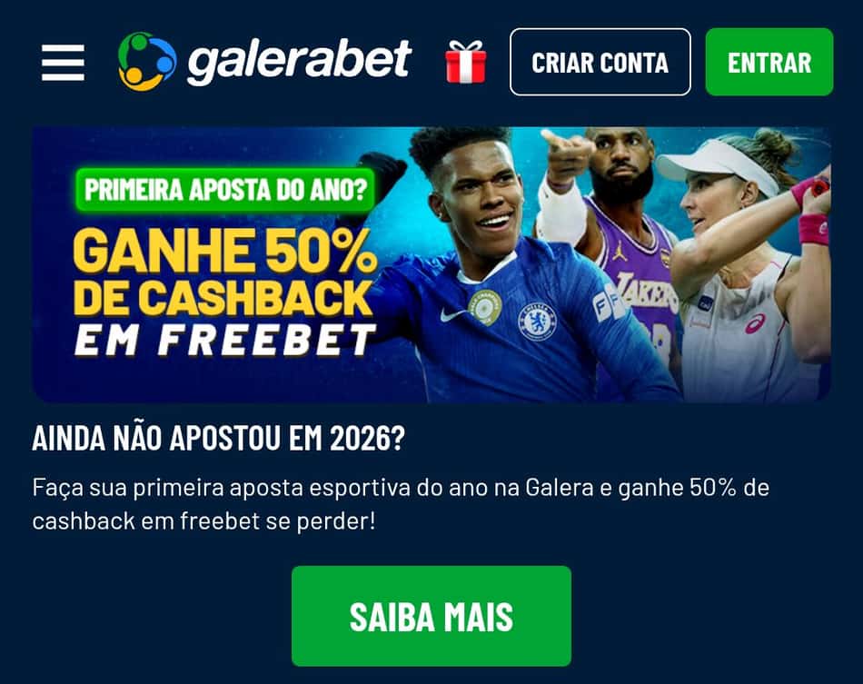 Captura de tela do bônus de 50% até R$100 em esportes da Galera Bet.