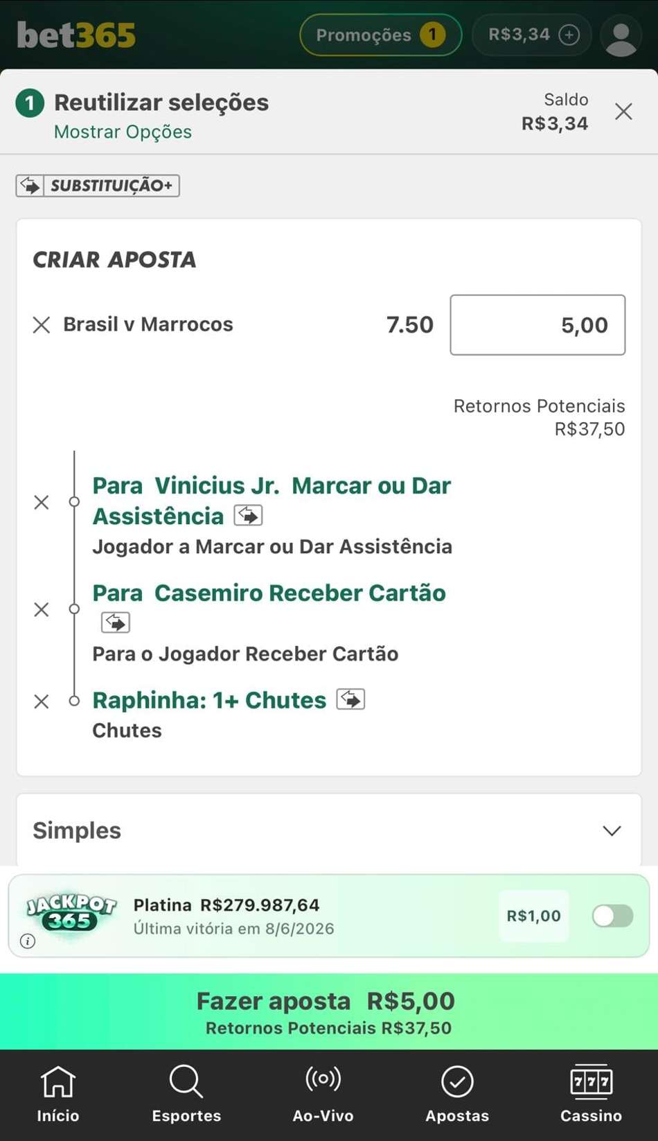 Captura de tela realizada em 09/06/2026 com a função Criar Aposta na bet365.