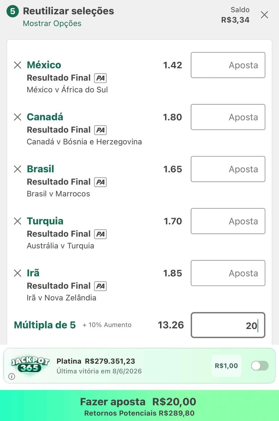 Captura de tela realizada em 09/06/2026 mostra um cupom de aposta múltipla na bet365.