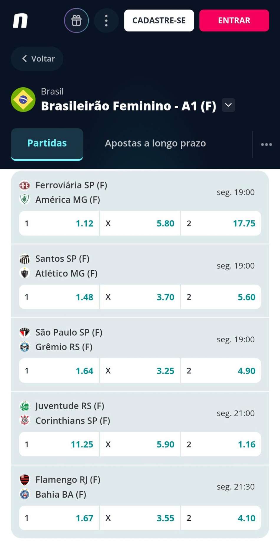 Captura de tela das apostas no Campeonato Brasileiro Feminino na Novibet