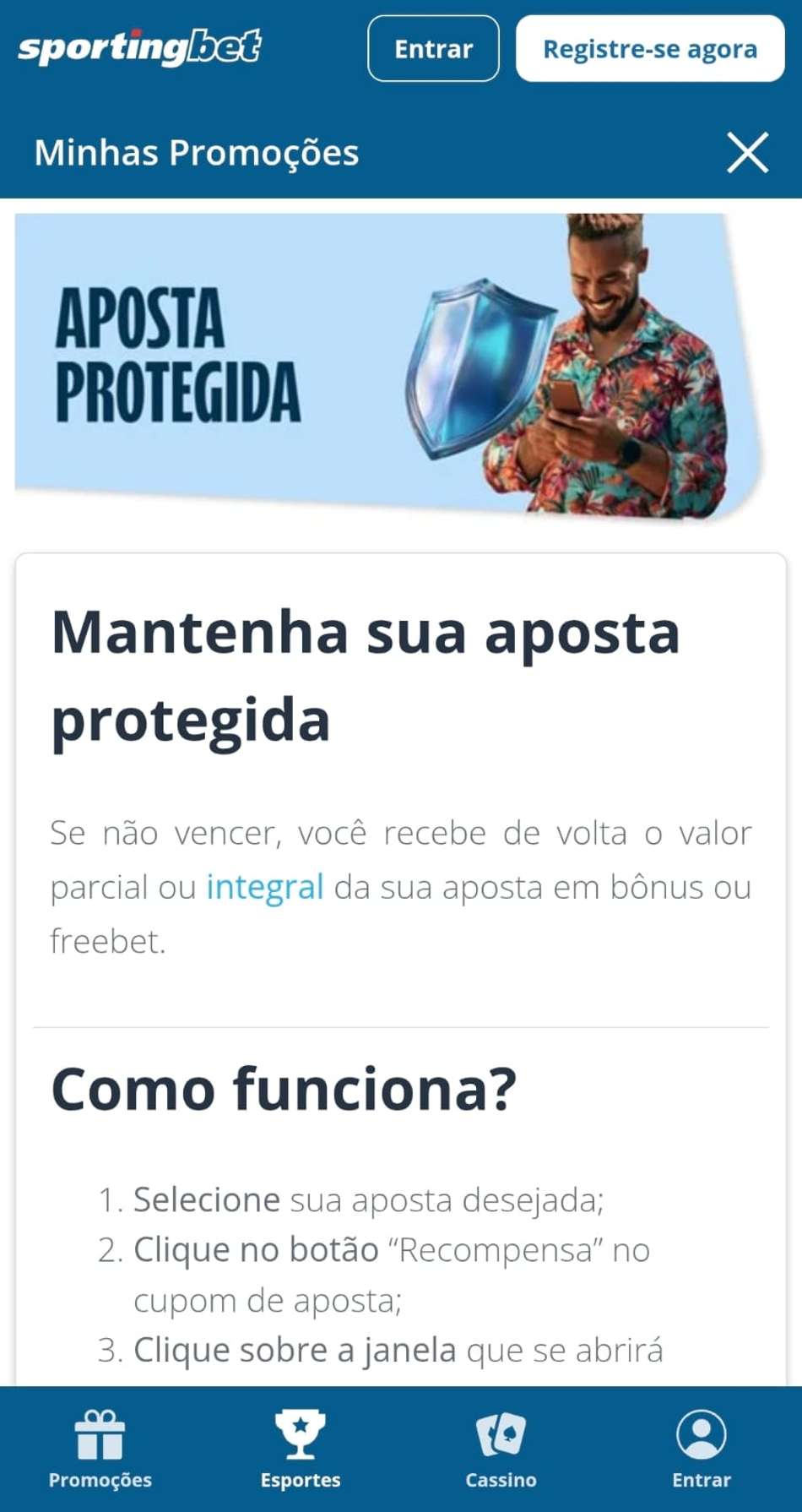 Captura de tela da oferta de aposta protegida da Sportingbet que pode reembolsar o bilhete com apostas grátis.
