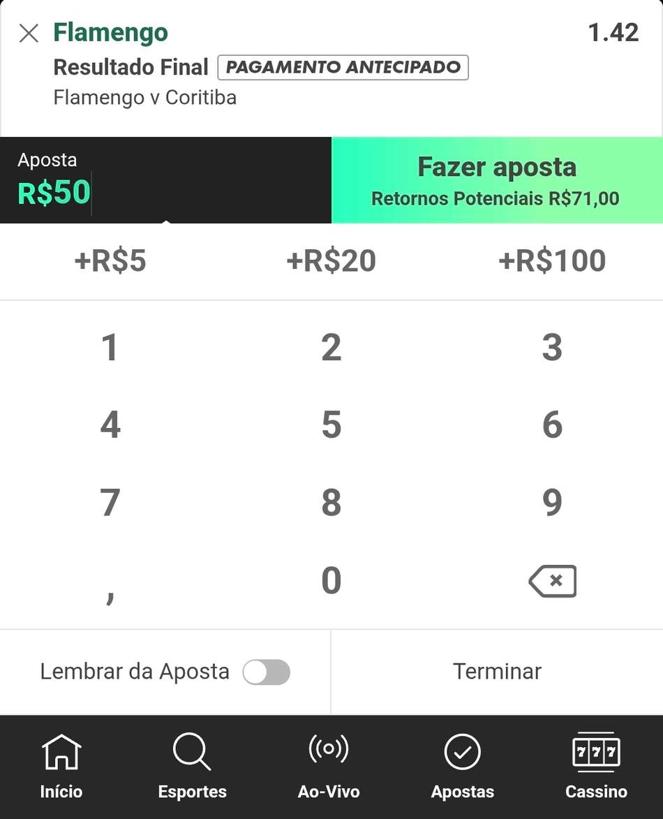 Captura de tela de uma aposta simples na bet365 em um jogo do Brasileirão.