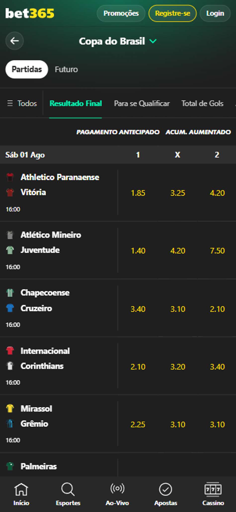 Captura da tela de apostas na Copa do Brasil na bet365.