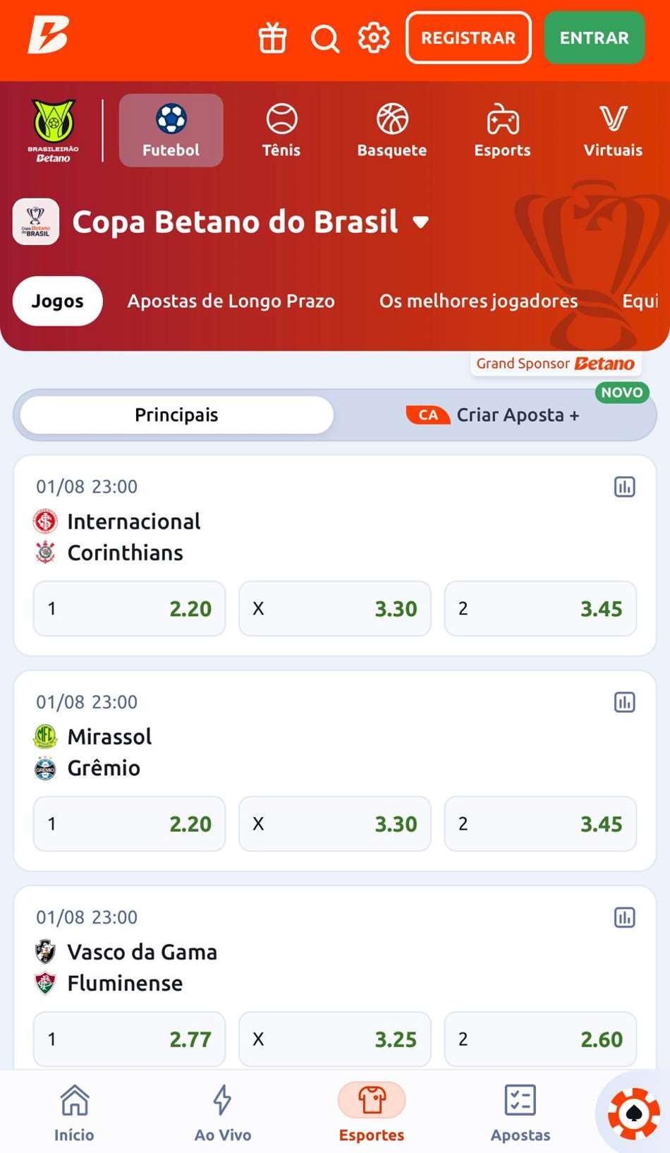Captura da tela de apostas na Copa do Brasil na Betano.