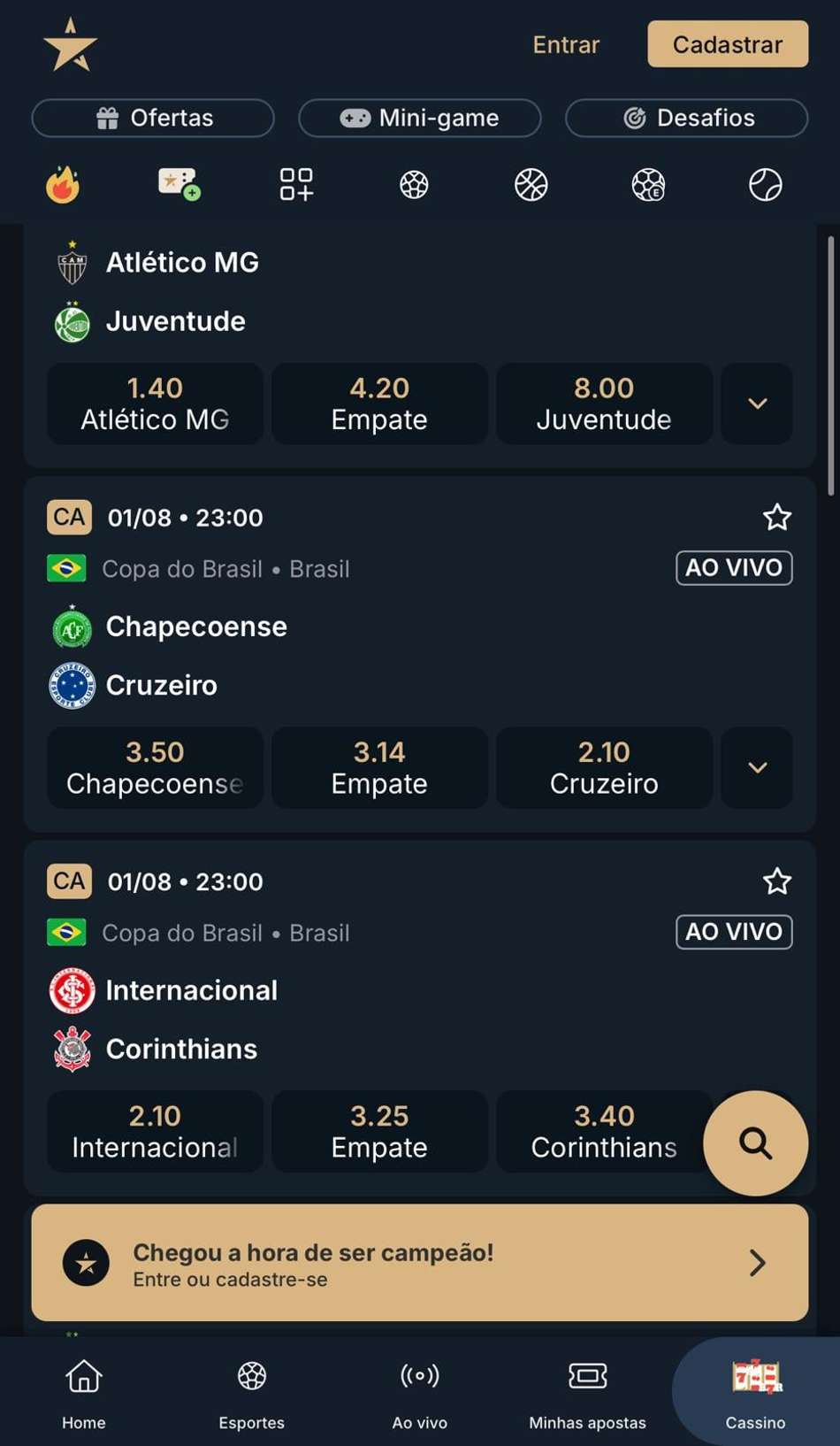 Captura de tela de apostas na Copa do Brasil na Estrela Bet.