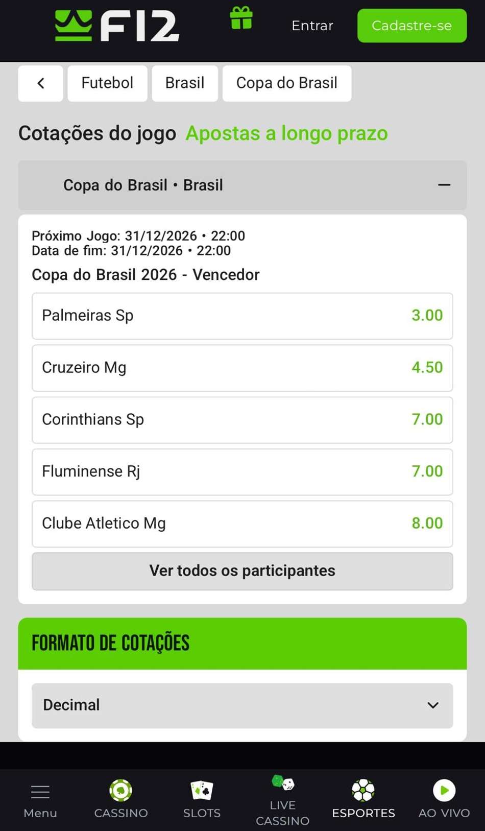 Captura da tela de apostas na Copa do Brasil na F12.Bet.