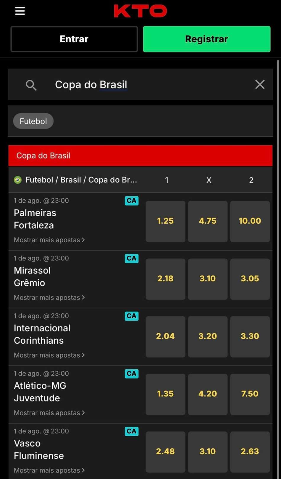 Captura da tela de apostas na Copa do Brasil na KTO.