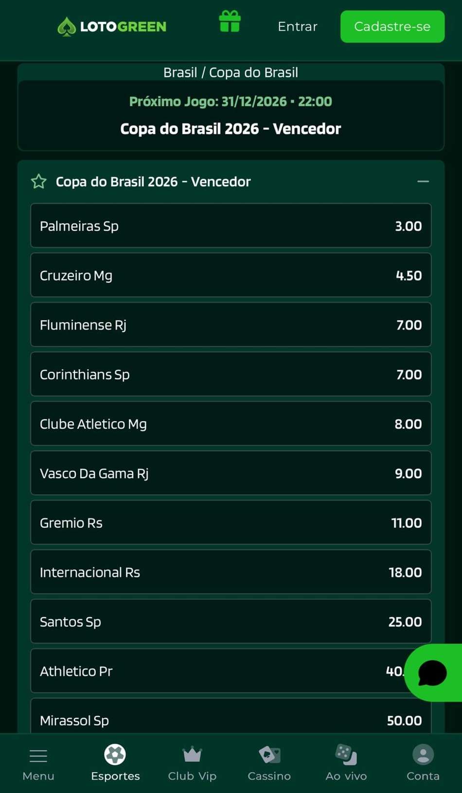Captura de tela de apostas na Copa do Brasil na Lotogreen.