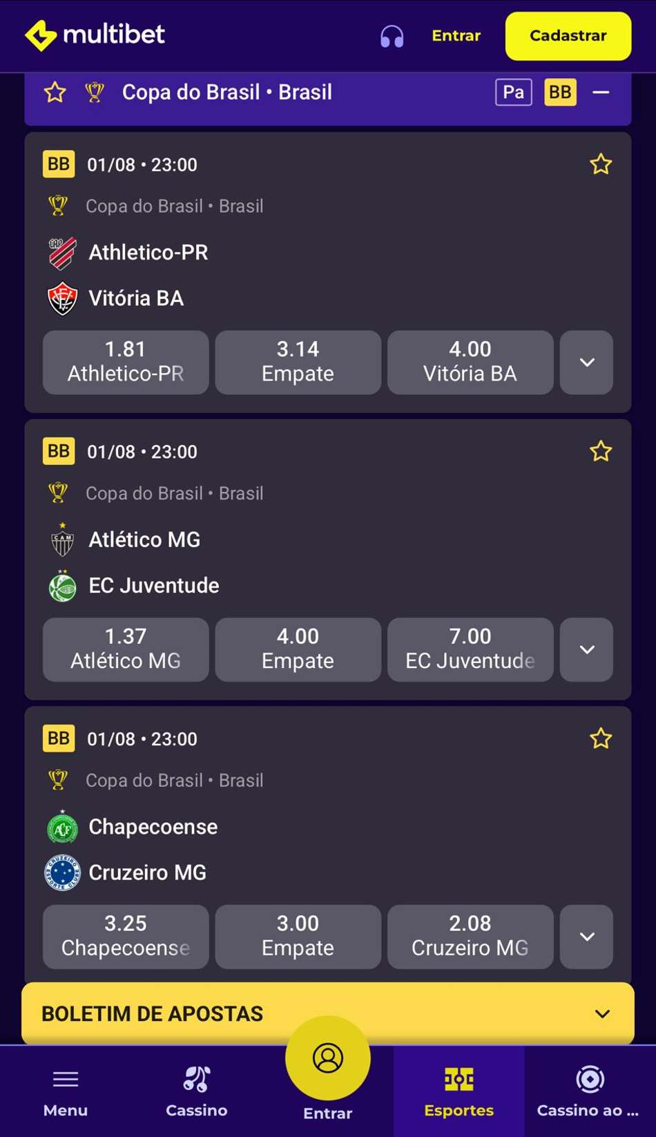 Captura da tela de apostas na Copa do Brasil na Multibet.