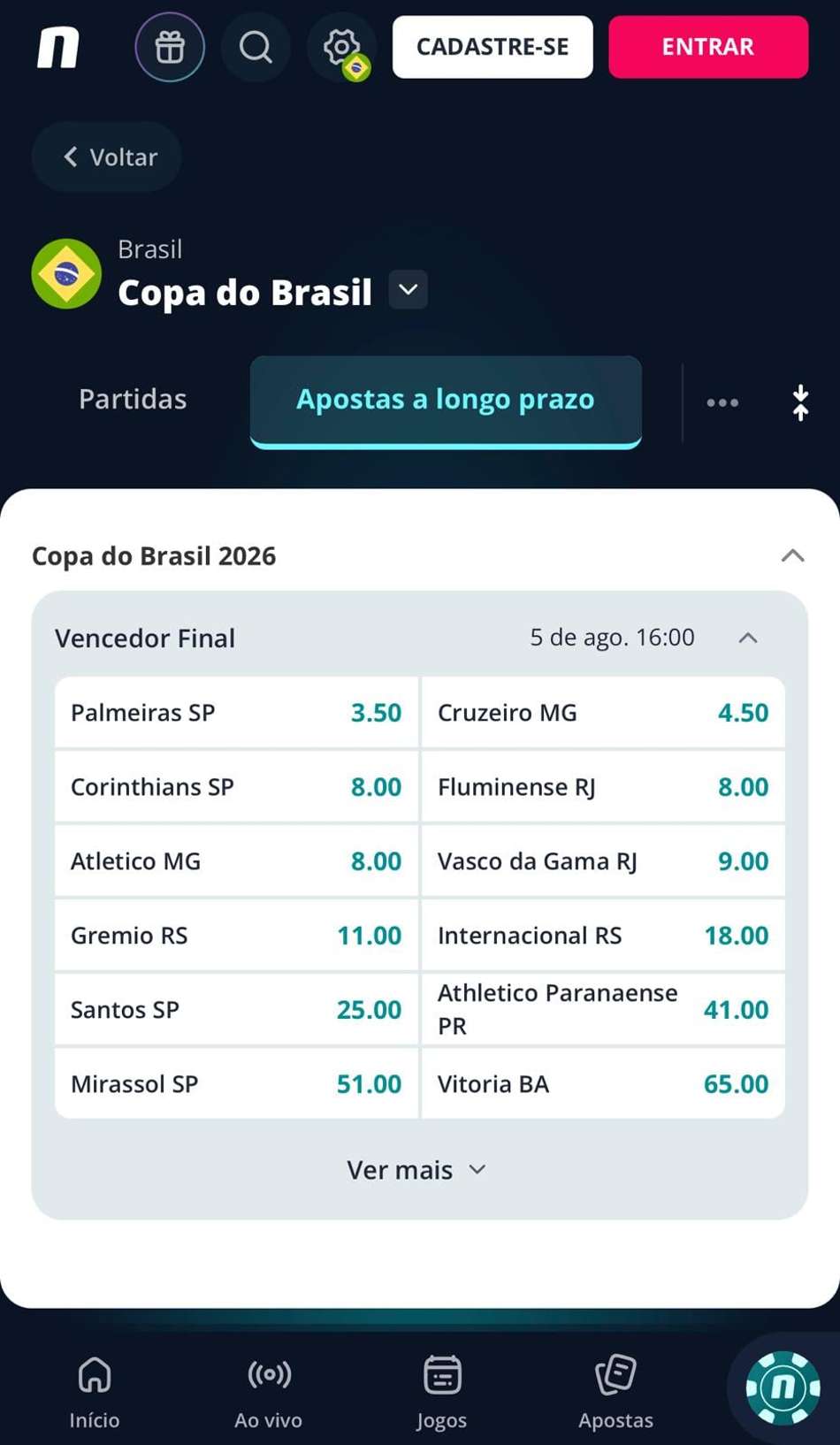 Captura da tela de apostas de longo prazo na Copa do Brasil na Novibet.