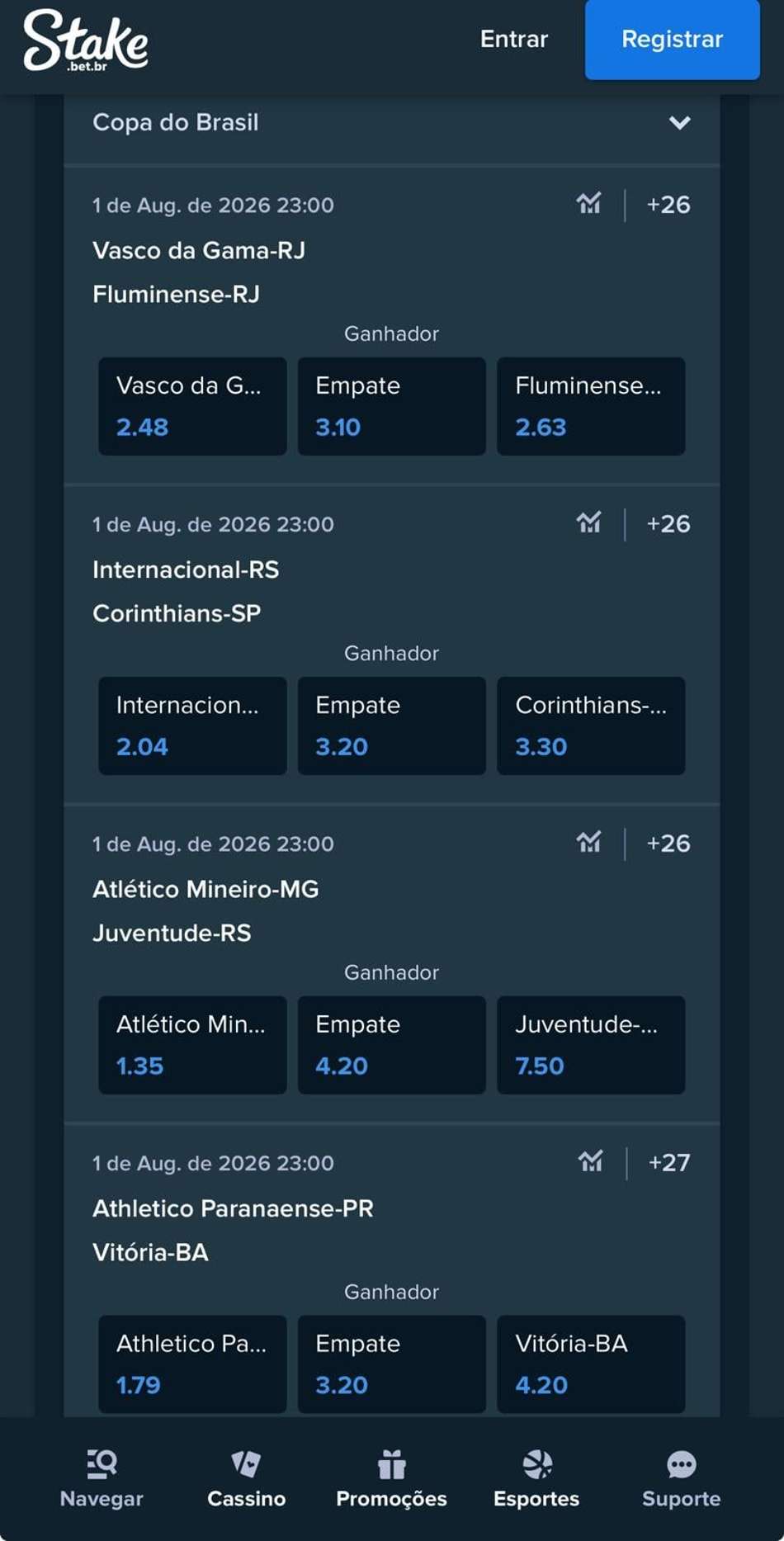 Captura da tela de apostas na Copa do Brasil na Stake.