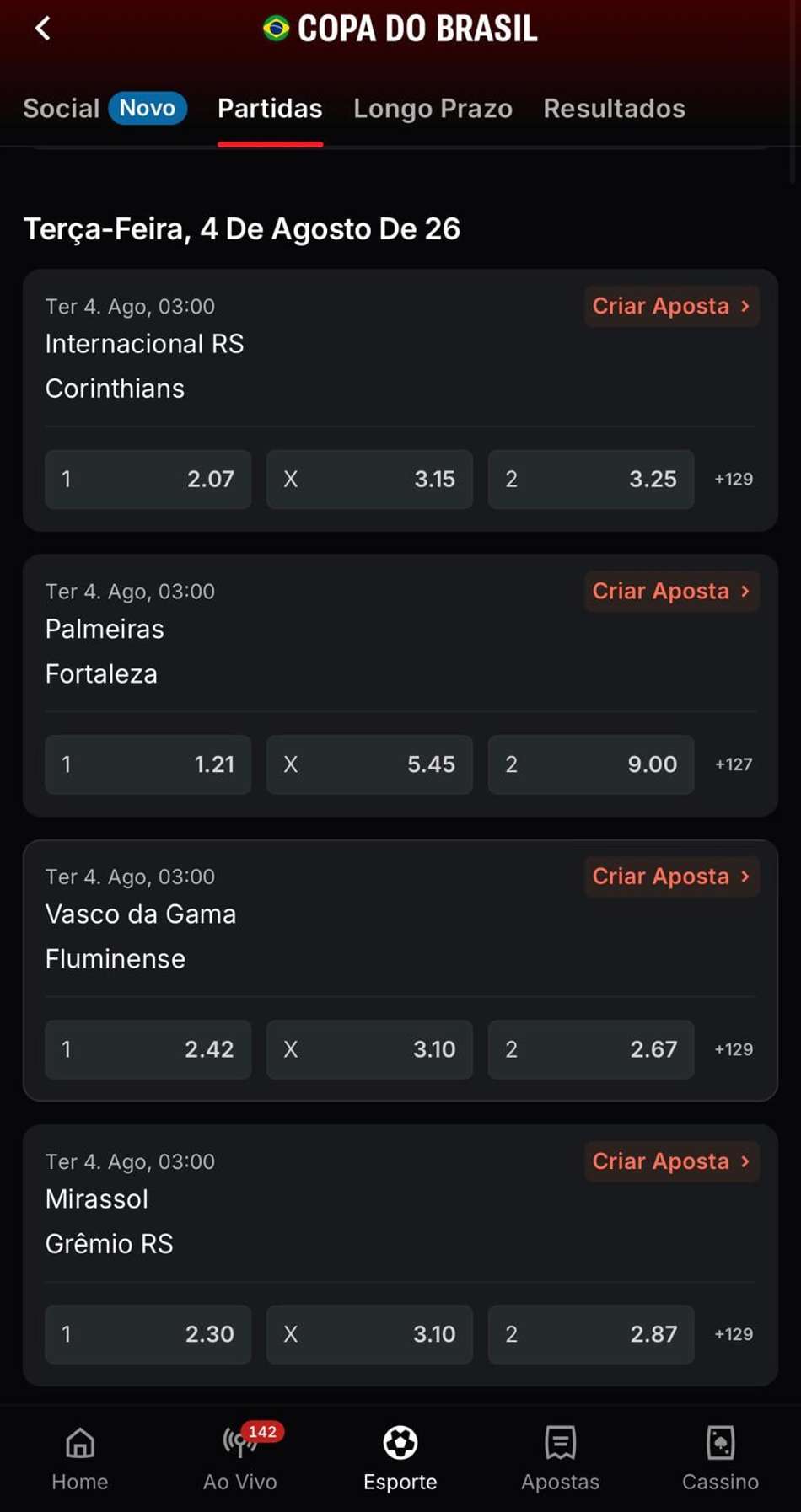 Captura da tela de apostas na Copa do Brasil 2026 na Superbet.