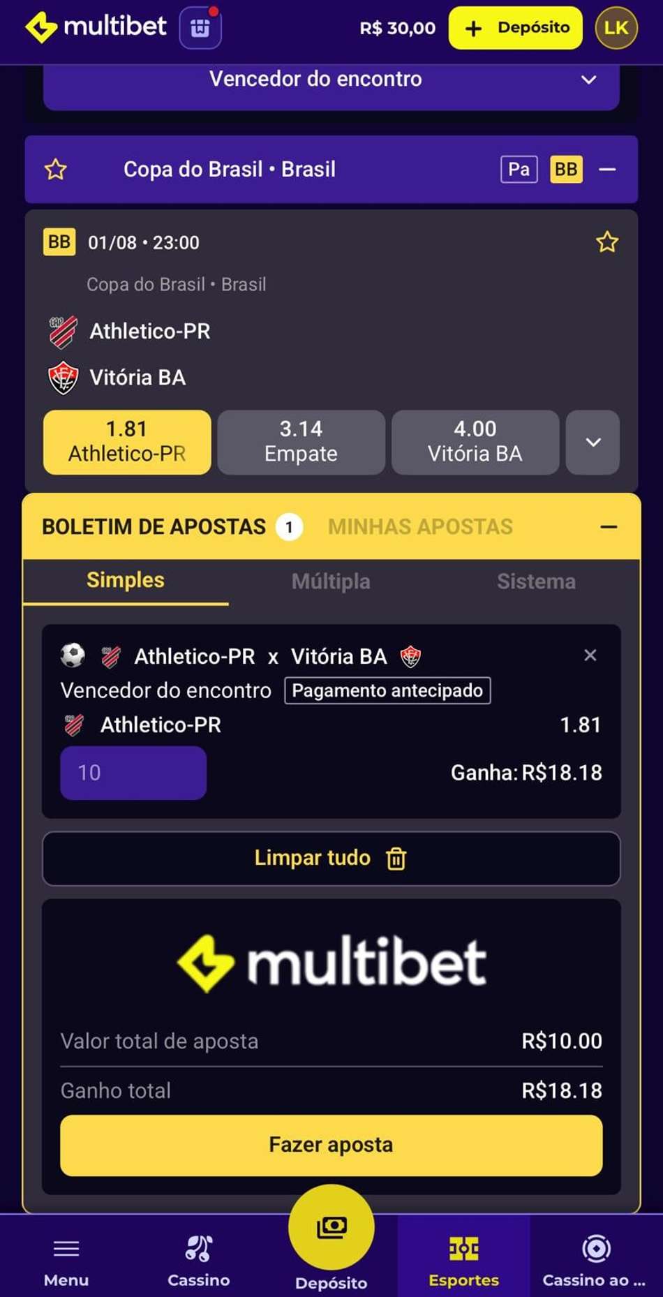 Captura de tela mostra como apostar na Copa do Brasil na Multibet.