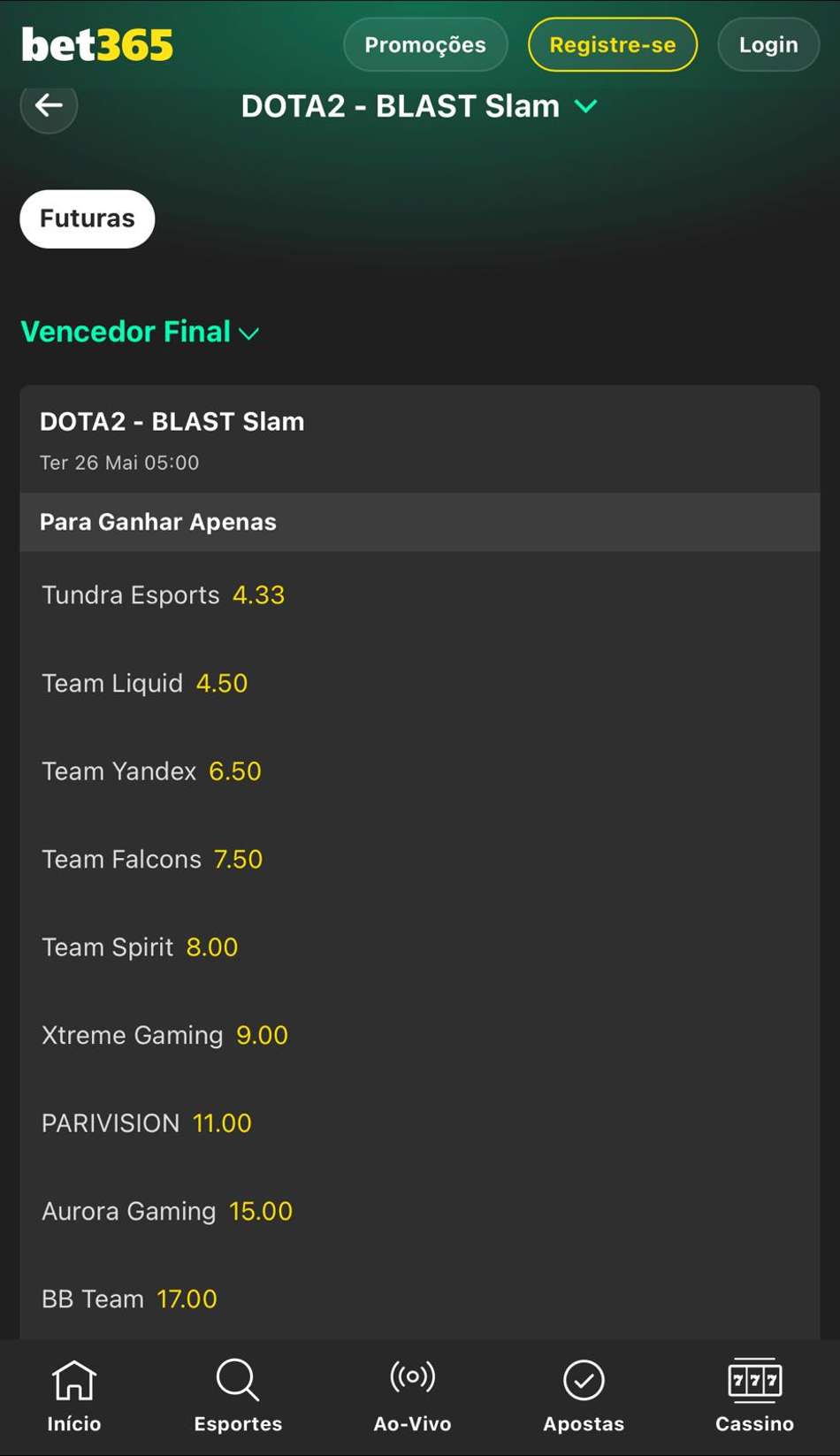 Captura da tela de apostas de longo prazo em Dota 2 na bet365 feita no dia 09/04/2026.