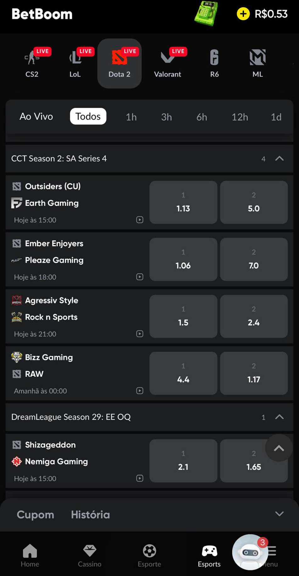 Captura da tela de apostas em Dota 2 na BetBoom.