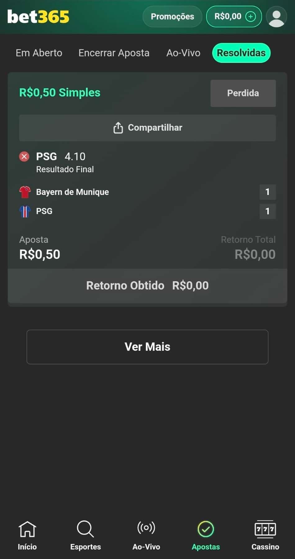Captura de tela da seção de apostas na bet365 exibindo um bilhete já resolvido.