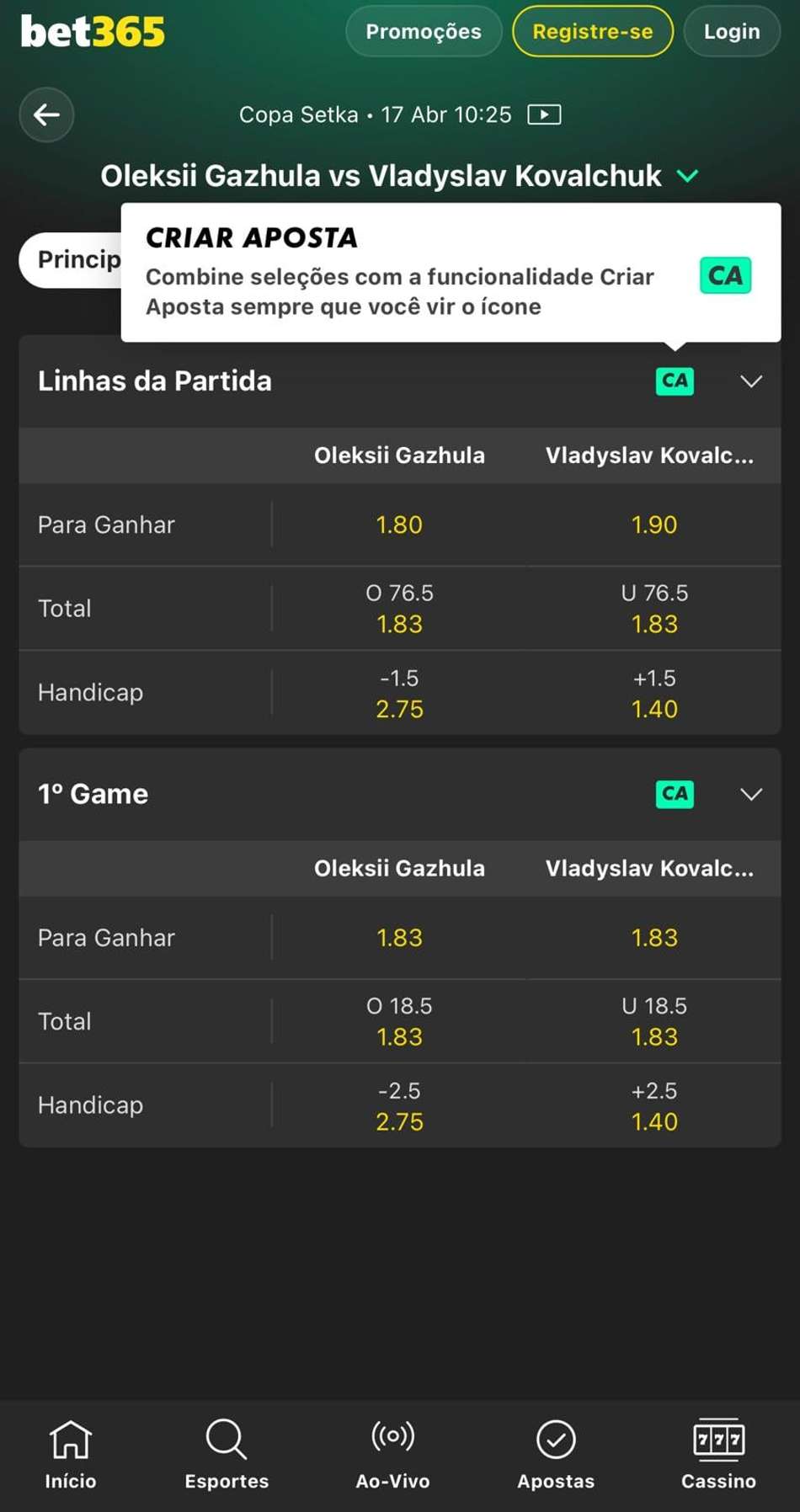 Captura de tela do Criar Aposta em apostas em tênis de mesa na bet365.