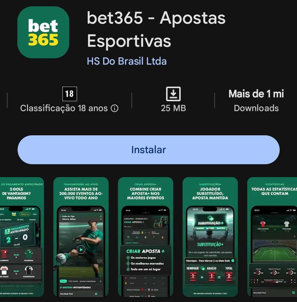 Captura de tela da página do aplicativo da bet365 na loja Play Store.