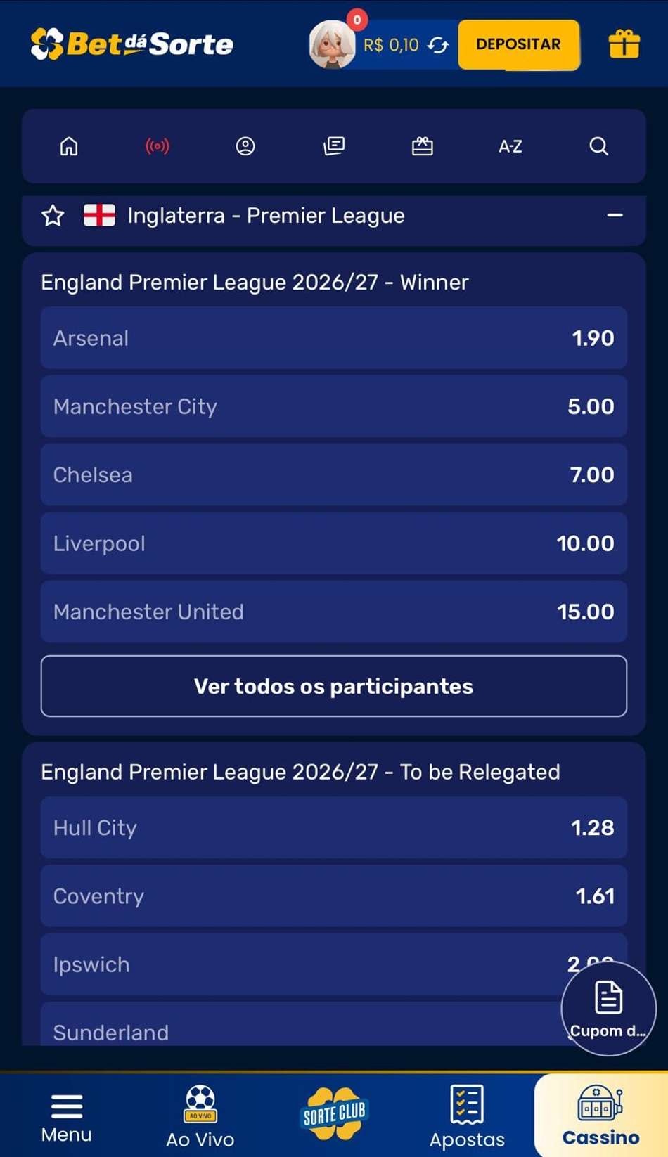 Captura da tela de apostas de longo prazo na Premier League na Bet dá Sorte.