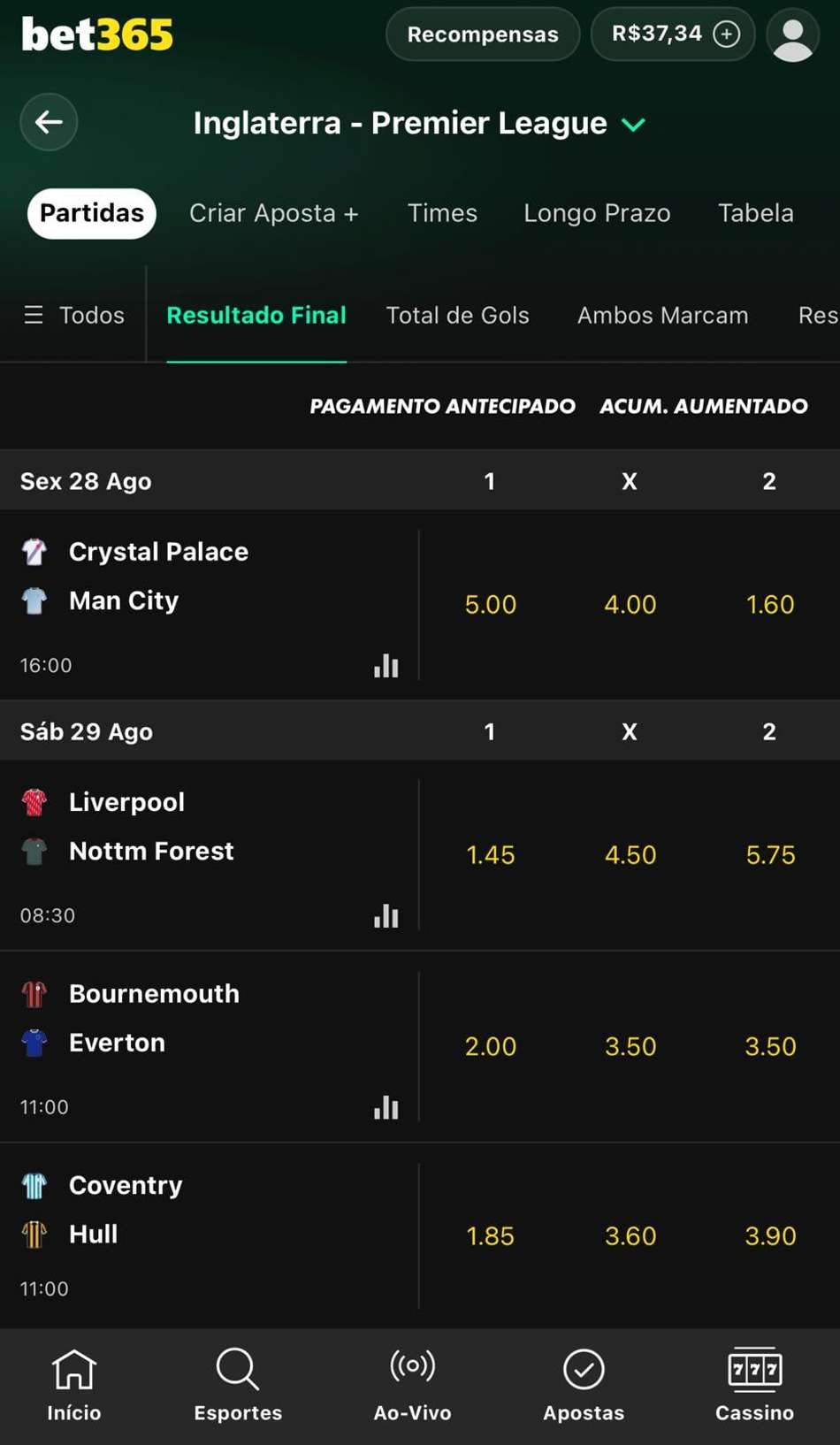 Captura da tela de apostas na Premier League na bet365.