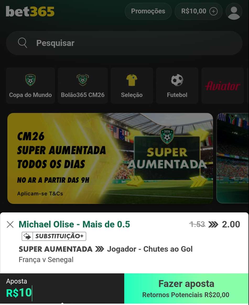 Captura de tela do bilhete de apostas no bet365 App.