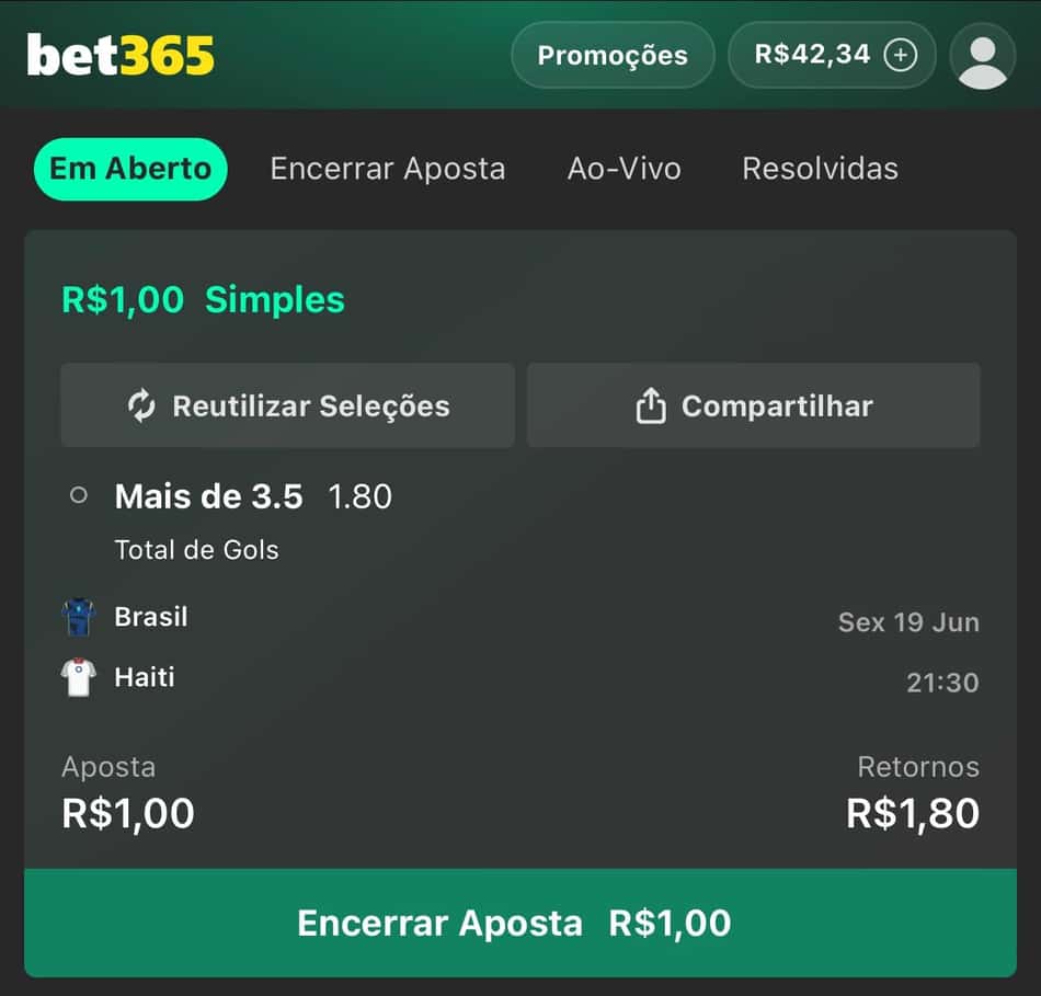 Captura de tela do cupom de apostas com cash out na bet365.
