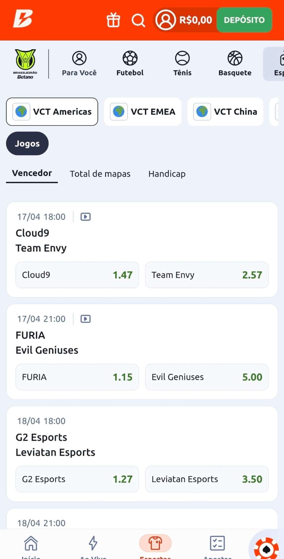 Captura de tela dos jogos disponíveis para apostar em Valorant na Betano.