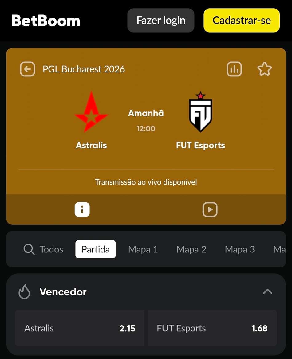 Captura de tela de um evento de CS2 na Betboom exibindo os botões de aposta em Vencedor (Moneyline) e suas respectivas odds.
