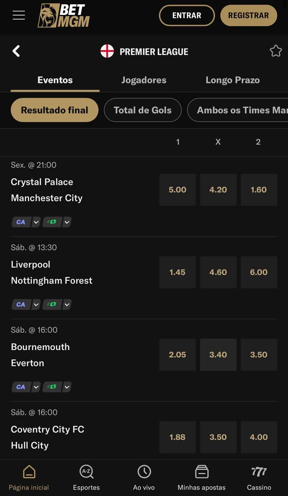 Captura da tela de apostas na Premier League na BetMGM.