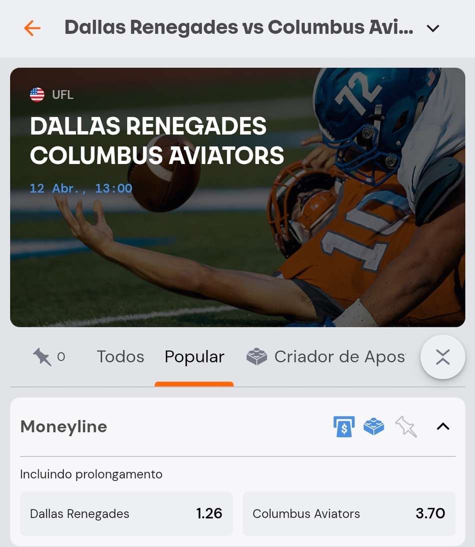 Captura de tela da Betsson com um evento da UFL de futebol americano com o mercado Moneyline.