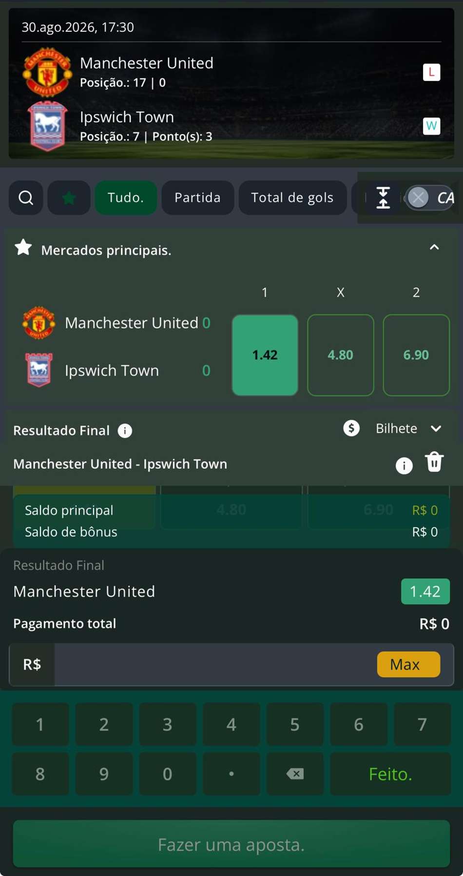 Captura de tela do cupom de apostas na Premier League criado na Segurobet.