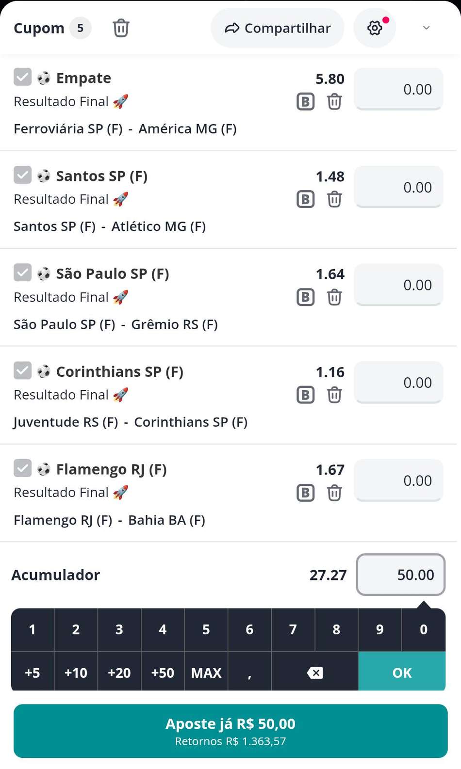 Captura de tela do boletim de apostas com jogos do Brasileirão Feminino na Novibet