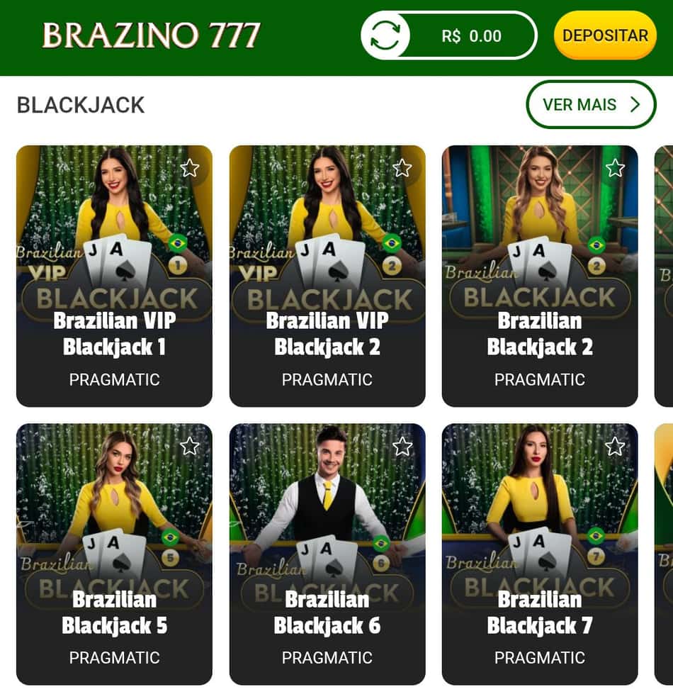 Captura de tela do lobby de salas de blackjack na Brazino777
