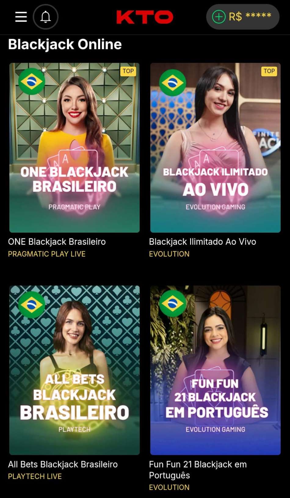 Captura de tela do lobby de salas de blackjack na KTO